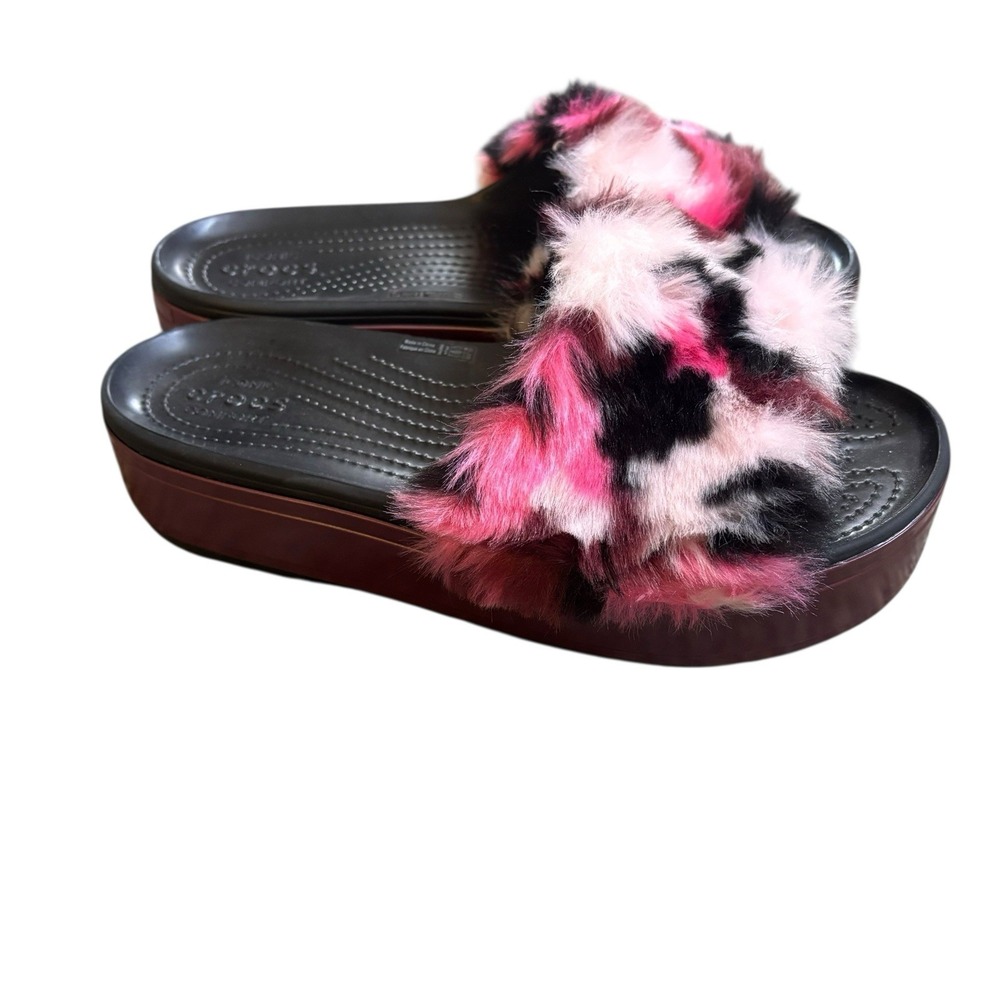 Crocs CB Pink Black Fuzzy Platform So Luxe Slide sandal Summer‎ Women's size 9